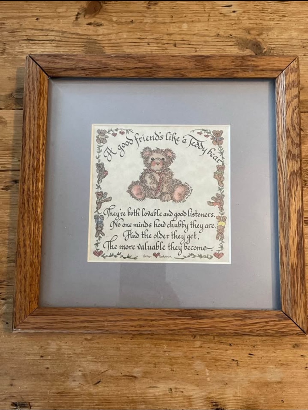 Vintage 9x9 Framed “A Good Friends Like a Teddy Bear” Calligraphy